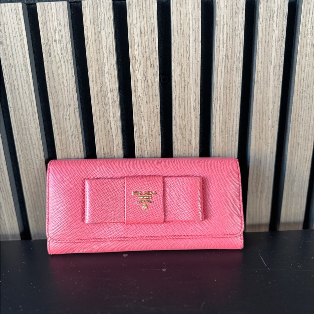 PRADA SAFFIANO FLAP BOW LOGO LEATHER LONG WALLET